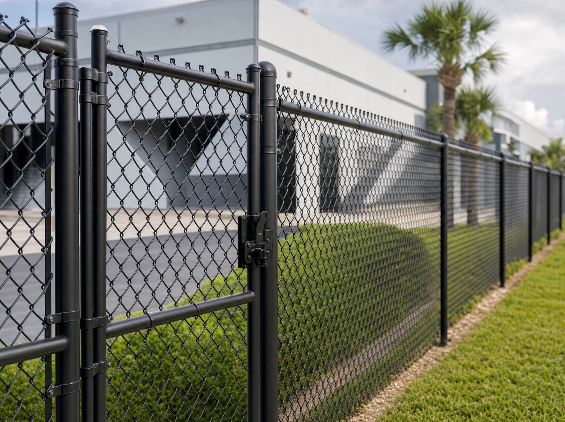 Black vinyl-coated commercial chain link fence at a Central Florida property