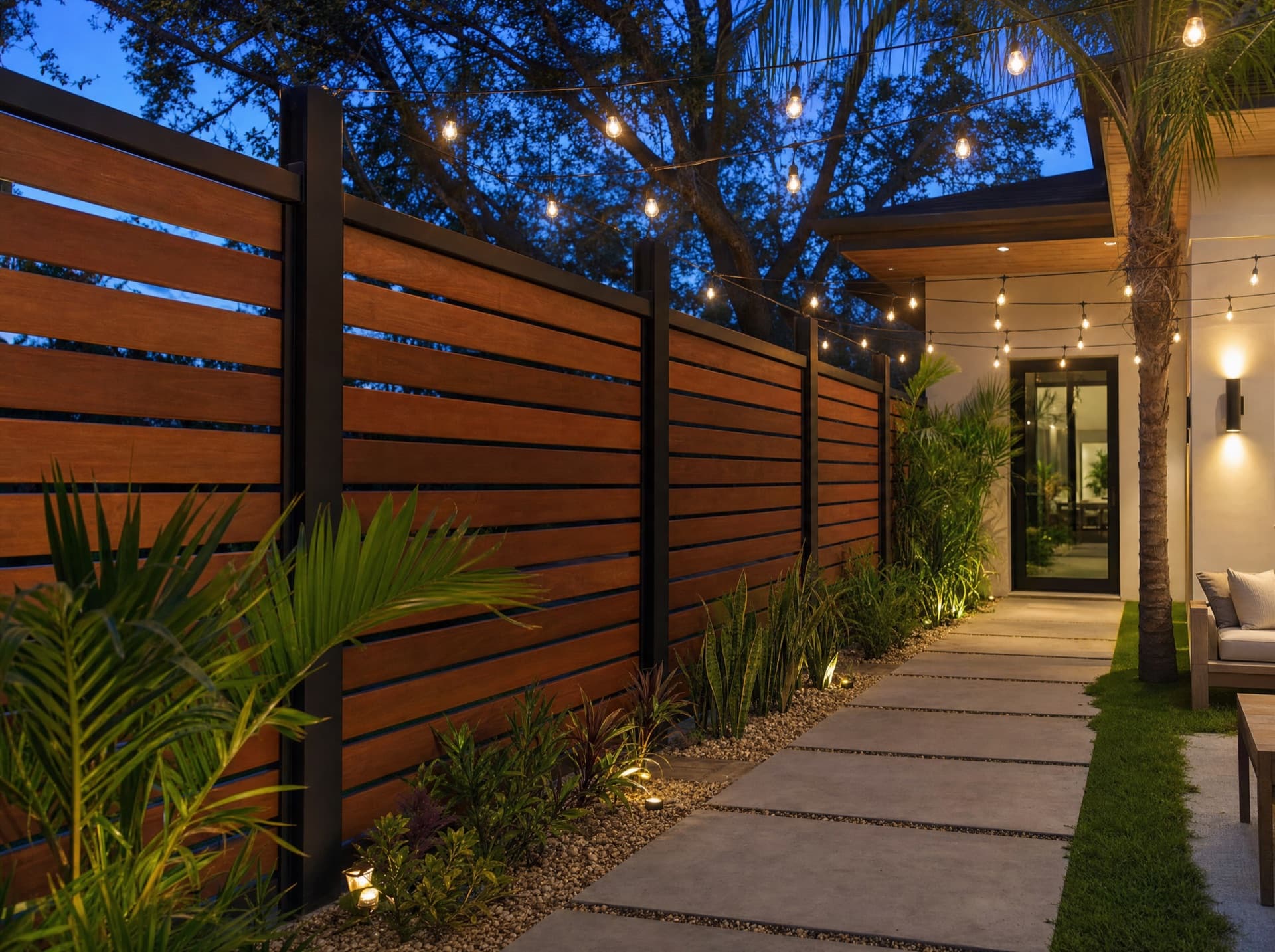 Modern horizontal-slat wood fence in walnut stain with black steel posts
