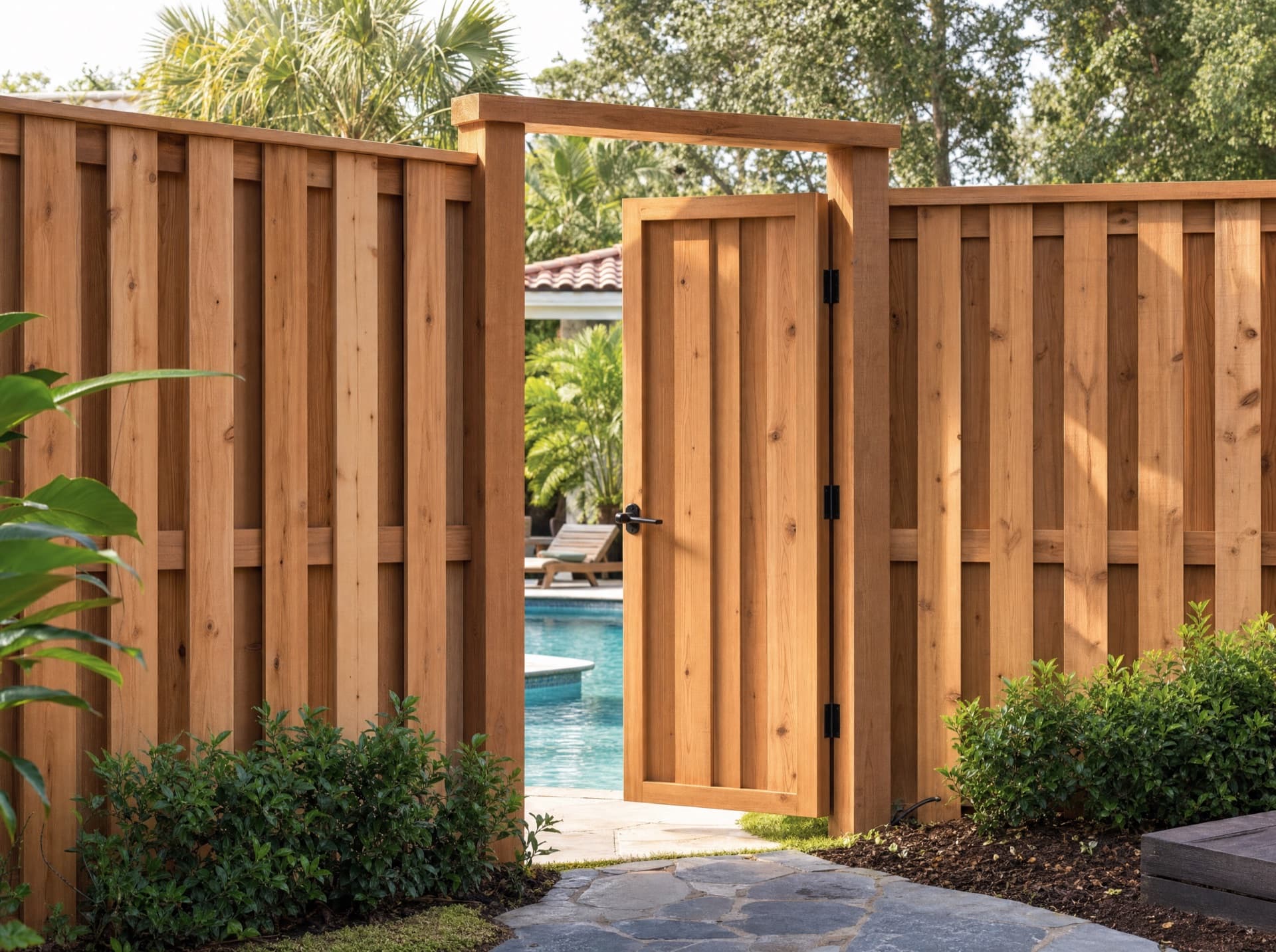 Cedar shadowbox fence with gate opening to a pool area