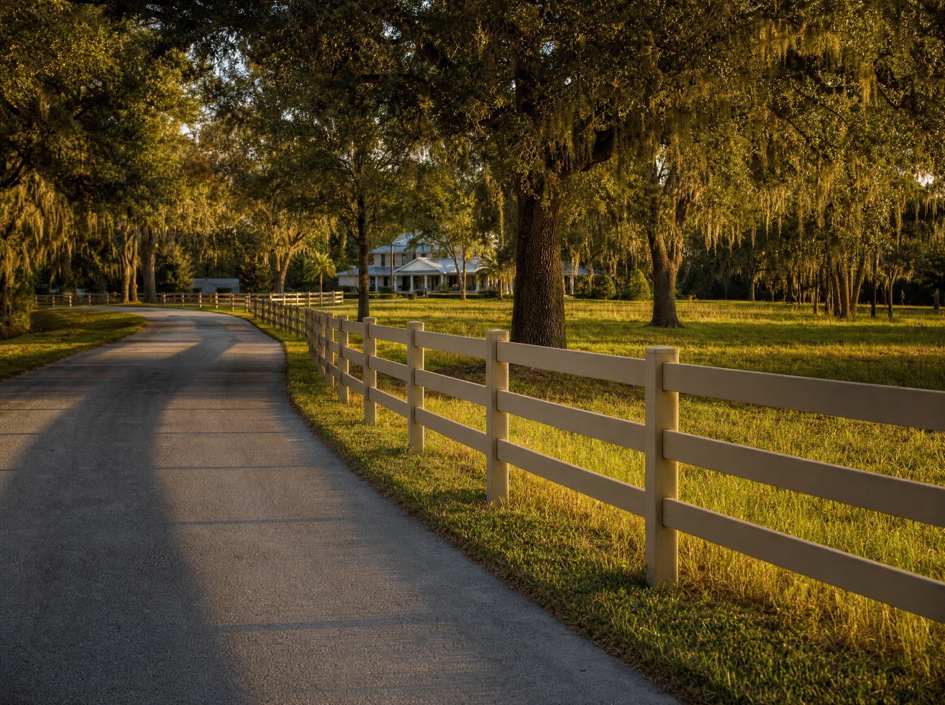 Tan vinyl ranch rail fence along a curved country driveway