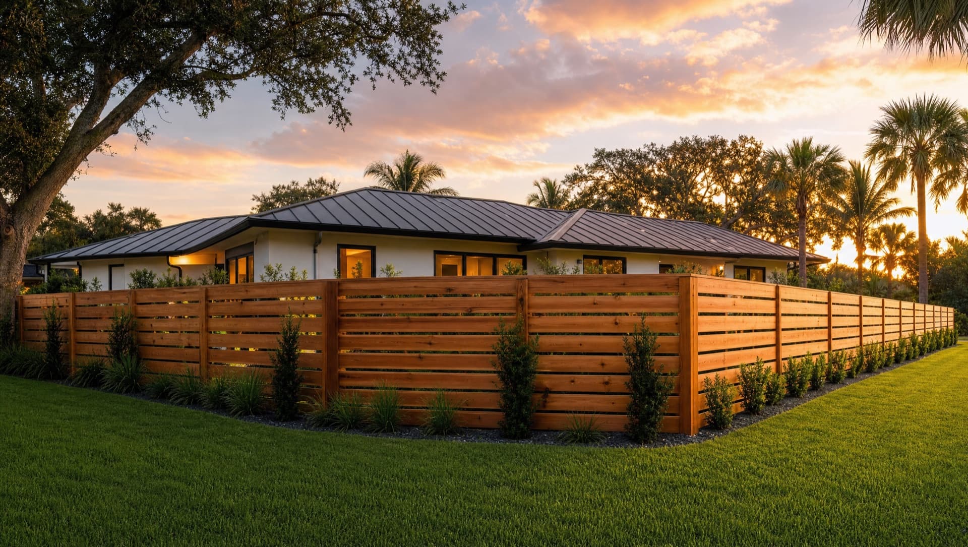 Custom horizontal cedar fence at golden hour around a Florida home