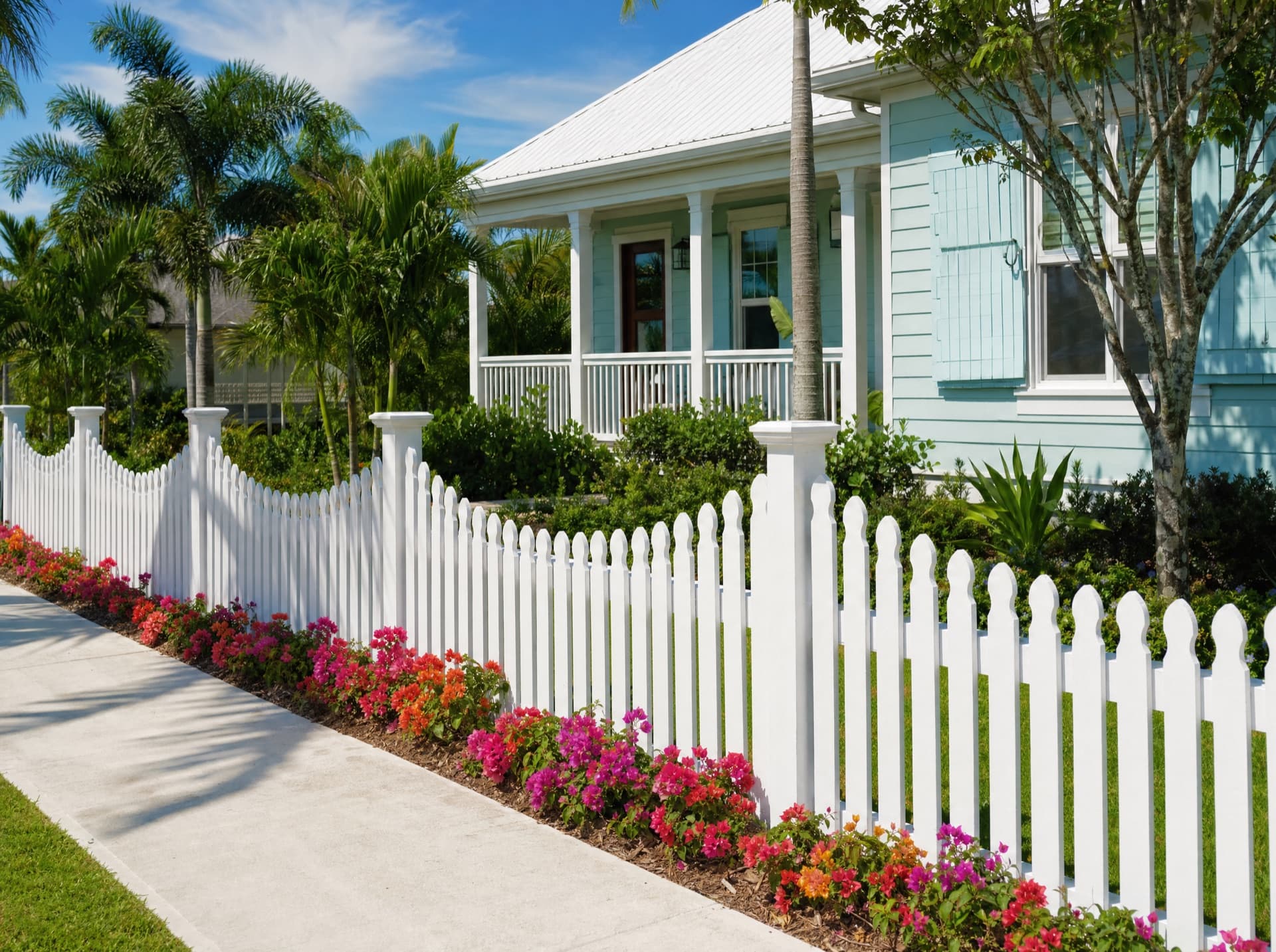 White scalloped wood picket fence with tropical flowers