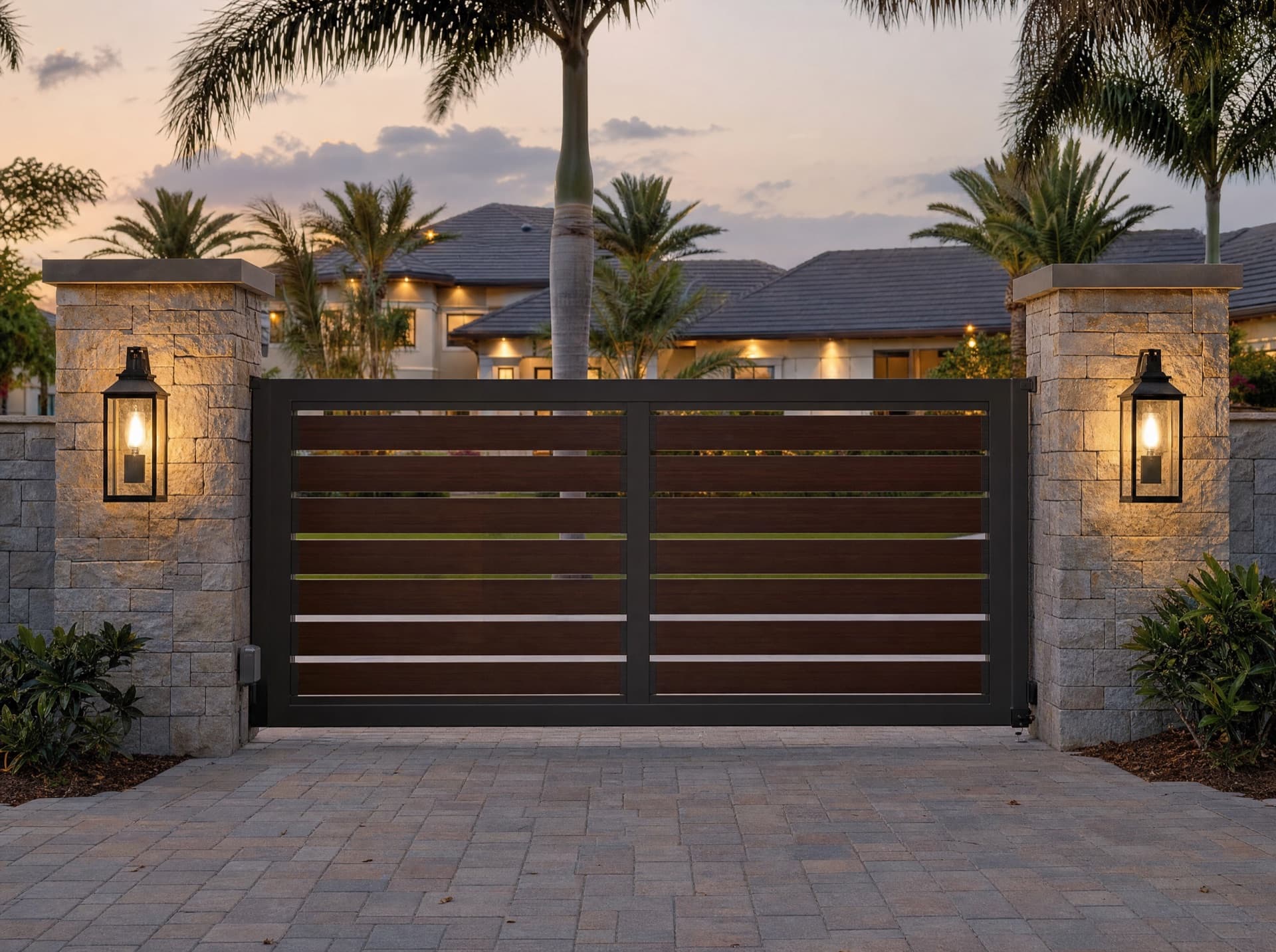 Custom automated bronze aluminum driveway gate with wood-look inserts at a Florida estate entrance